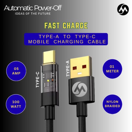 Smart Auto Cut-Off Fast Charging Cable - Type-A to Type-C Cable (Black)