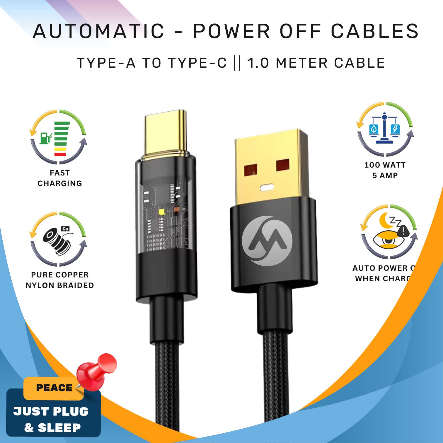 Smart Auto Cut-Off Charging Cable - Type-A to Type-C (Black)