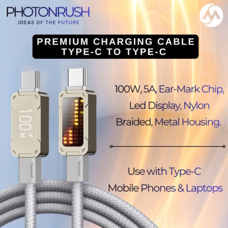 PhotonRush Type-C Fast Charging Cable - White (100W, LED Display, Nylon Braided)